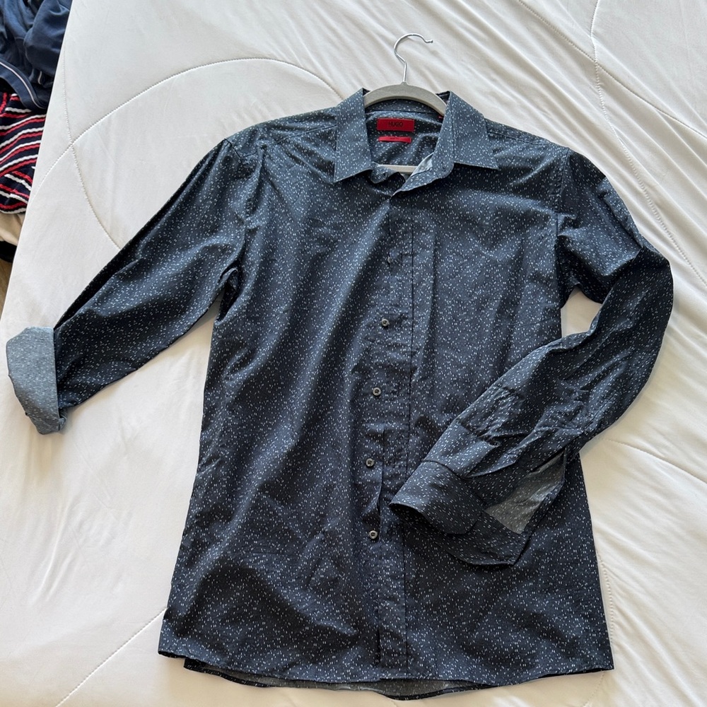 HUGO Dark Blue Patterned Button Down Shirt